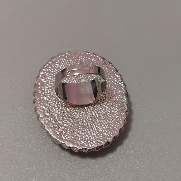 Oversized Faux Turquoise Cabochon Ring with Adjustable Band Silver Tone - Picture 2 of 6